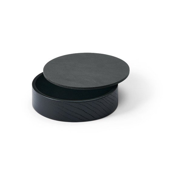 Čierny/antracitový drevený/z eko kože úložný box s vekom/dekoratívny ø 11x3,5 cm Circle Nupo – LIND DNA-image-1