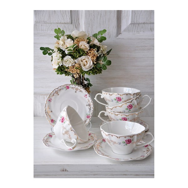 Sada 6 porcelánových hrnčekov s tanierikmi Rosa