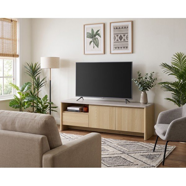 Biely/v svetlo prírodnej farbe TV stolík v dekore duba 153x50x45 cm Dore – Marckeric-image-1