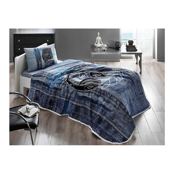 Set bavlneného plédu, plachty a obliečky na vankúš Listen V1 Blue, 160 × 230 cm