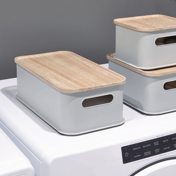 Sivý úložný box s vekom z dreva paulownia iDesign Eco Handled, 21,3 x 43 cm-image-1