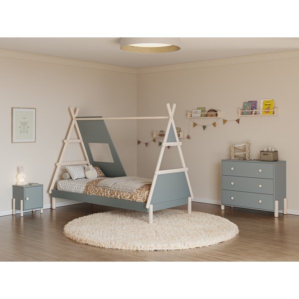 Sivozelená domčeková detská posteľ z borovicového dreva s roštom 90x200 cm Enola – Marckeric-image-1