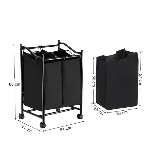 Čierny kôš s kolieskami a 2 segmentmi na bielizeň Songmics-image-2