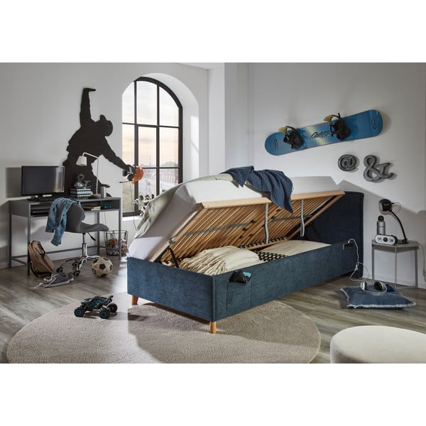 Tmavomodrá čalúnená detská posteľ s úložným priestorom s roštom 90x200 cm Fun – Meise Möbel-image-4