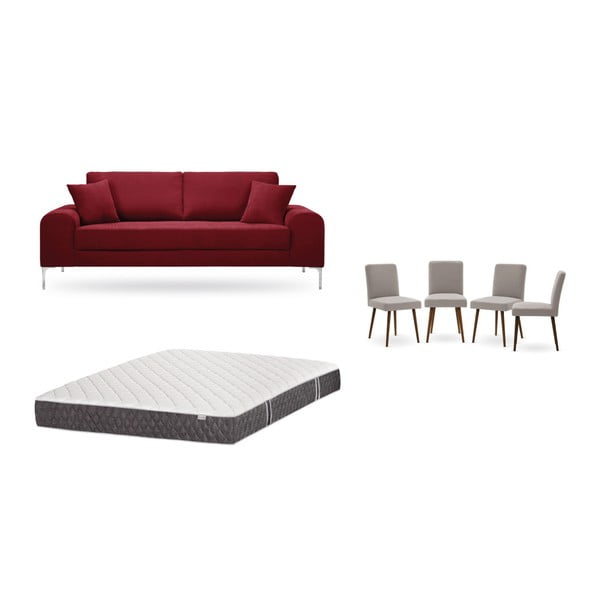 Set trojmiestnej červenej pohovky, 4 sivobéžových stoličiek a matraca 160 × 200 cm Home Essentials
