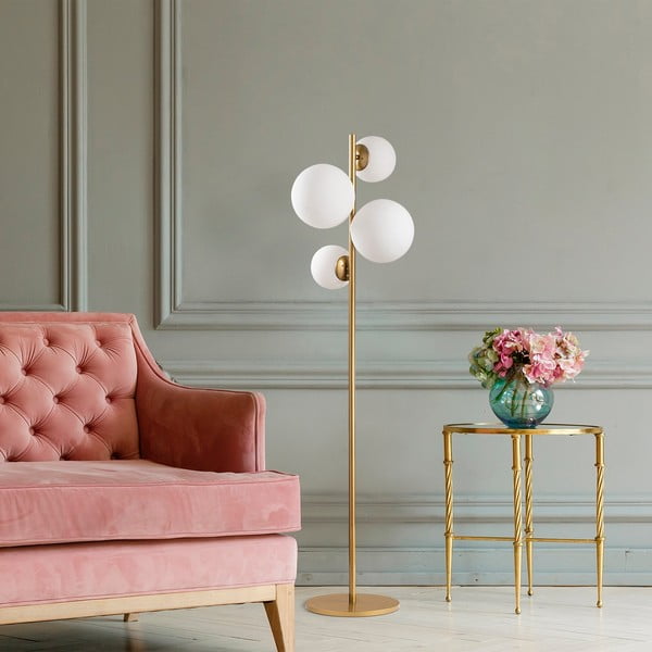 Biela/v mosadznej farbe stojacia lampa so skleneným tienidlom (výška  162 cm) Fazli – Opviq lights-image-3