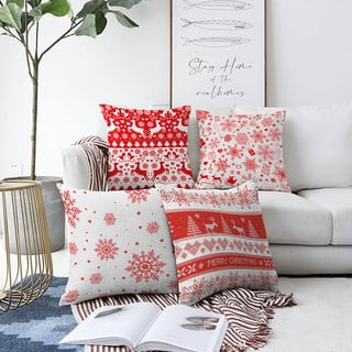 Súprava 4 vianočných žinylkových obliečok na vankúš Minimalist Cushion Covers Red Snowflakes, 55 x 55 cm