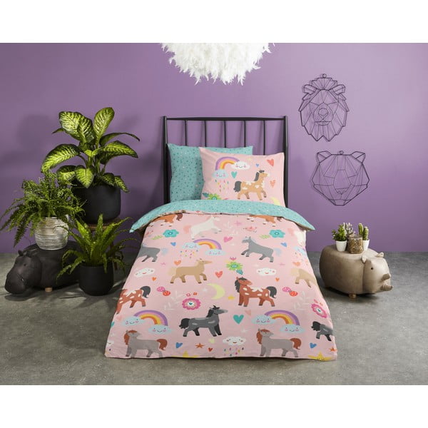 Ružové/tyrkysové bavlnené detské obliečky na jednolôžko/predĺžené 140x220 cm Horses – Good Morning-image-1