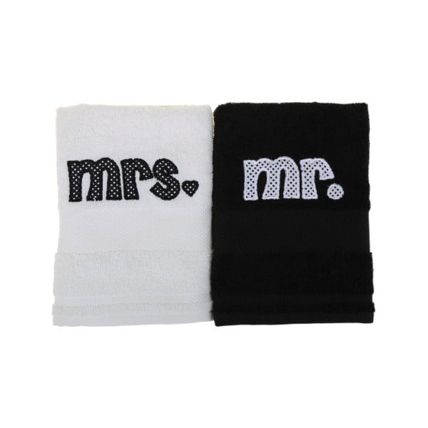 Sada 2 čierno-bielych uterákov Mr. and Mrs., 100x50 cm