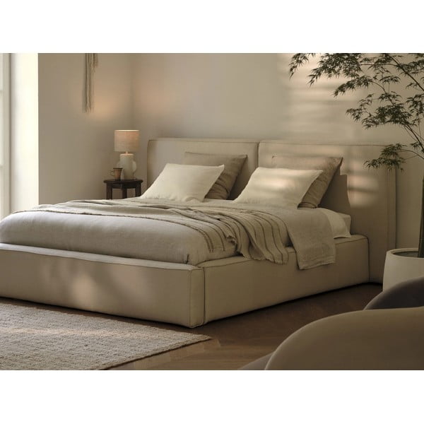 Béžová čalúnená dvojlôžková posteľ s úložným priestorom a roštom 200x200 cm Arendal – Cosmopolitan Design-image-1