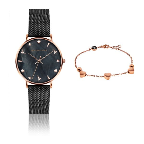 Set dámskych hodiniek s antikoro remienkom v čiernej farbe a náramku Emily Westwood Laro
