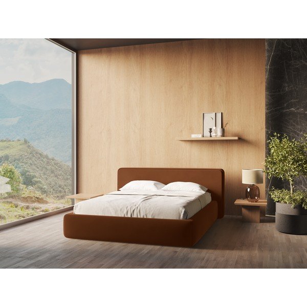 Čalúnená dvojlôžková posteľ v terakotovej farbe s úložným priestorom s roštom 160x200 cm Kiana – Makamii-image-1