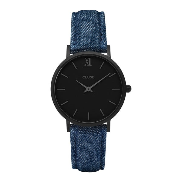 Dámske hodinky s džínsovým remienkom a čiernym ciferníkom Cluse Minuit