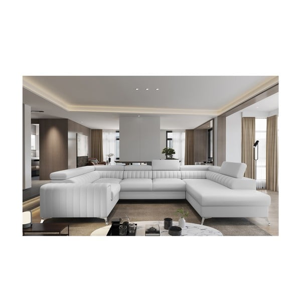 Biela rozkladacia/s úložným priestorom rohová pohovka z imitácie kože (pravý roh/do tvaru "U") Louis – ELTAP-image-1