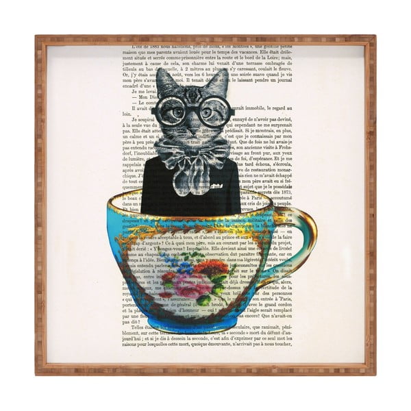 Drevený dekoratívny servírovací podnos Cat In Mug, 40 × 40 cm