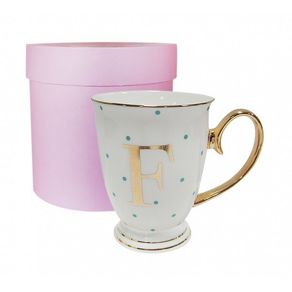 Písmenkový hrnček F s modrými bodkami