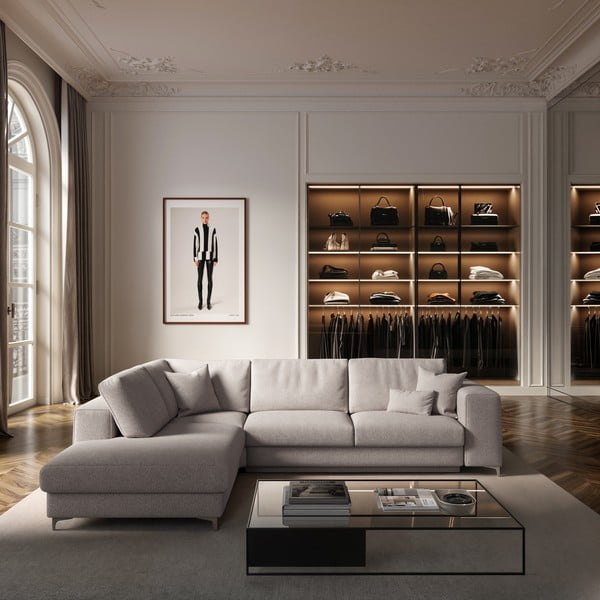 Svetlosivá rozkladacia/s úložným priestorom rohová pohovka z textílie buklé (ľavý roh/do L) Rene – Rodier-image-1