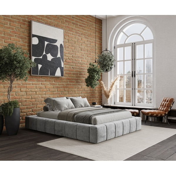 Svetlosivá čalúnená dvojlôžková posteľ s úložným priestorom s roštom 200x200 cm Aruba L – Maison de Rêve-image-4