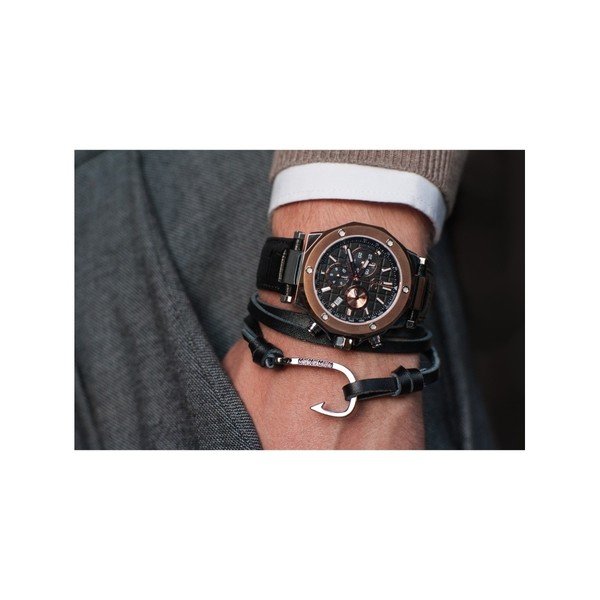 Pánsky čierny náramok z pravej kože s komponentom v striebornej farbe Monomen Hook-image-2