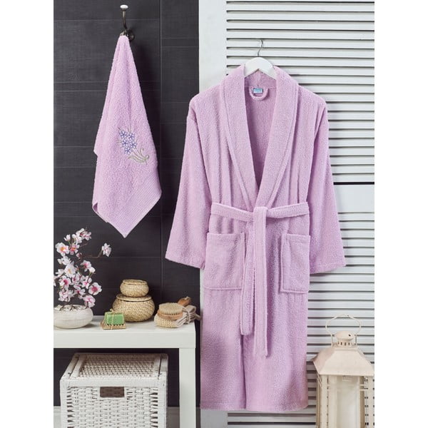Svetloružový bavlnený župan a uterák v súprave veľkosť S/M – Mila Home