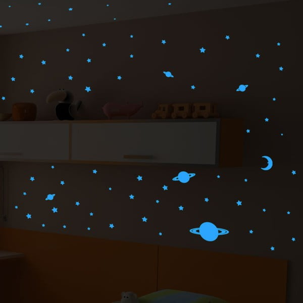 Sada 150 modrých nástenných svietiacich detských samolepiek Ambiance Universe