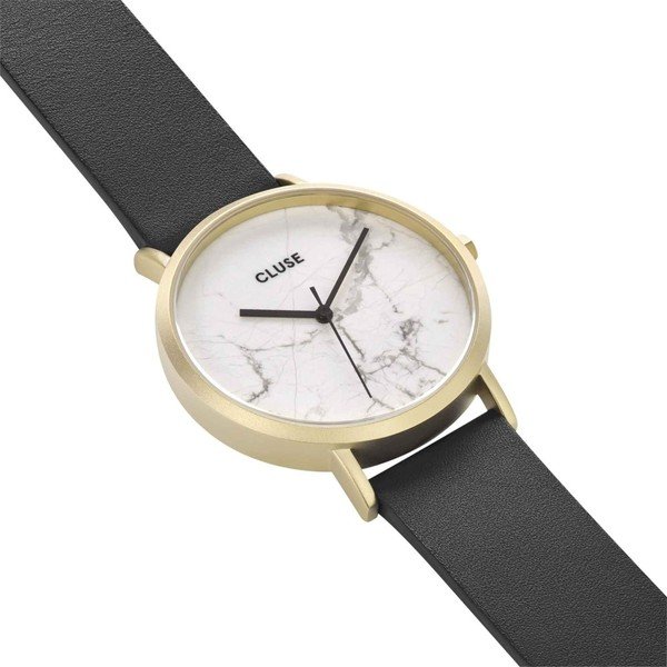 Dámske hodinky s čiernym koženým remienkom a bielym mramorovým ciferníkom Cluse La Roche Star-image-1