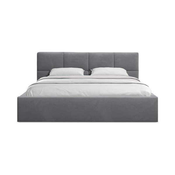 Tmavosivá zamatová čalúnená dvojlôžková posteľ s úložným priestorom s roštom 140x200 cm Hiko – Makamii-image-3