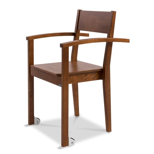 Tmavohnedá jedálenská stolička z brezového dreva s opierkami na ruky a kolieskami Kiteen Joki