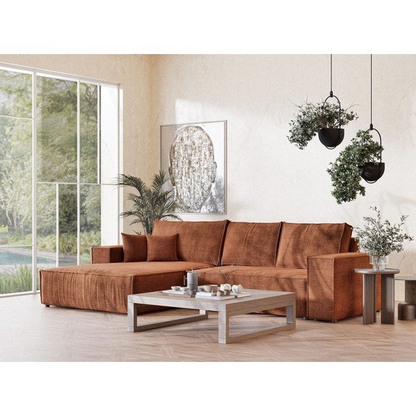 Ženilková rozkladacia/s úložným priestorom rohová pohovka v medenej farbe (ľavý roh/s leňoškou) Maze – Maison de Rêve-image-1