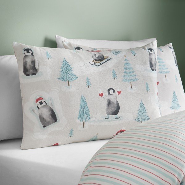 Flanelové obliečky na dvojlôžko v prírodnej farbe 200x200 cm Brushed Christmas Penguins – Catherine Lansfield-image-3