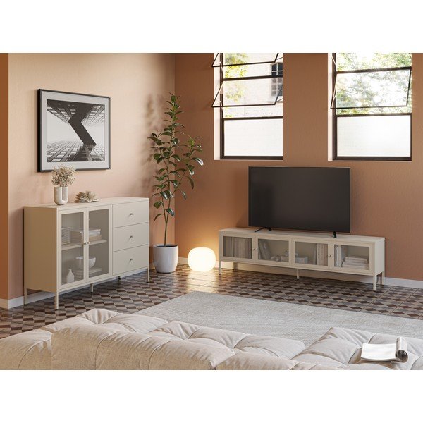 Krémovobiely kovový TV stolík 160x50x35 cm Fayna – Marckeric-image-1