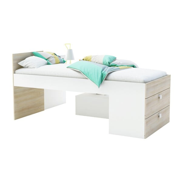 Biela jednolôžková posteľ s úložným priestorom a detailmi v drevenom dekore 13Casa Fox, 90 x 200 cm