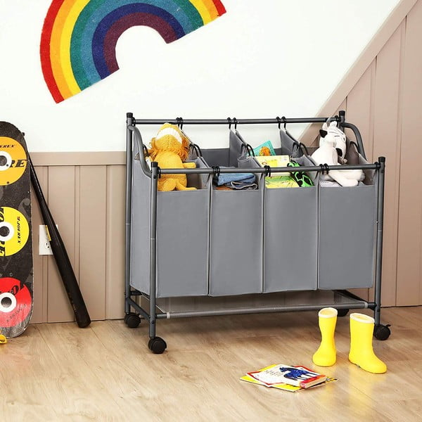 Sivý kôš s kolieskami a 4 segmentmi na bielizeň Songmics-image-1