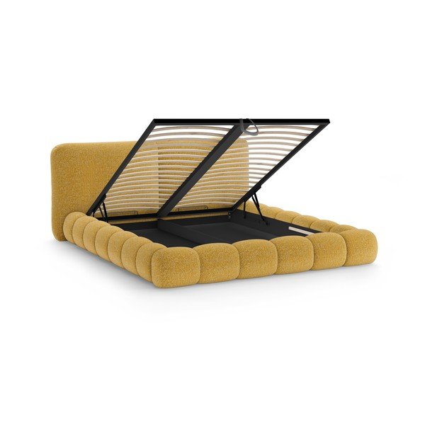 Čalúnená dvojlôžková posteľ s úložným priestorom s roštom 200x200 cm v horčicovej farbe Solange – Micadoni -image-2