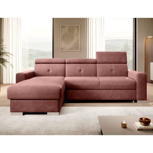 Ružová zamatová rozkladacia/s úložným priestorom rohová pohovka (ľavý roh/s leňoškou) Fresia – ELTAP-image-1