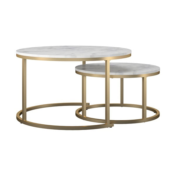 Biele/v zlatej farbe okrúhle konferenčné stolíky v súprave 2 ks s doskou v dekore mramoru ø 79 cm Amelia – CosmoLiving by Cosmopolitan-image-1