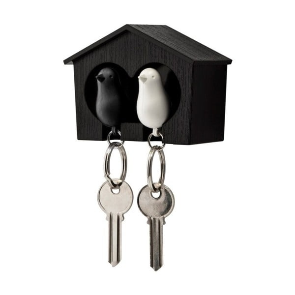 Hnedý vešiačik na kľúče s bielou a čiernou kľúčenkou Qualy Duo Sparrow