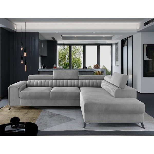 Sivá zamatová rozkladacia/s úložným priestorom rohová pohovka (pravý roh/do L) Laurence – ELTAP-image-1