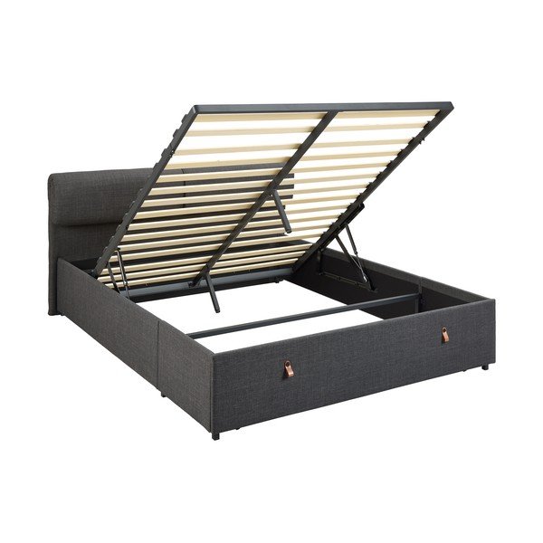 Tmavosivá čalúnená dvojlôžková posteľ s úložným priestorom s roštom 160x200 cm Calvi – Actona-image-3