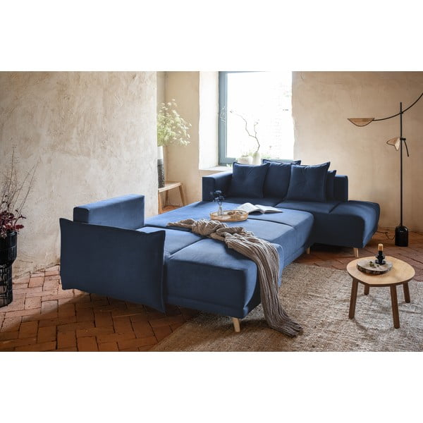 Tmavomodrá menčestrová rozkladacia rohová pohovka (pravý roh/do "U") Lazy Lukka – Miuform-image-4