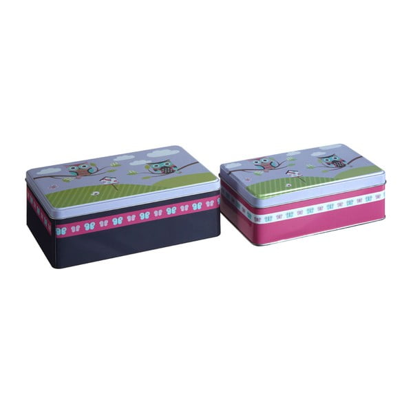 Súprava 2 cínových úložných boxov Premier Housewares Happy Owls, 13 × 20 cm