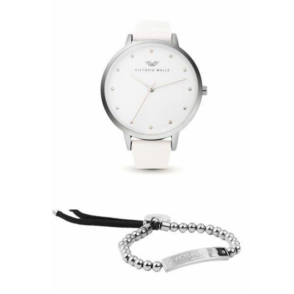 Set dámskych hodiniek s bielym koženým remienkom a náramku Victoria Walls Alice