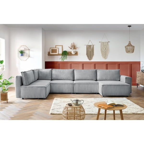 Svetlosivá menčestrová rohová pohovka (ľavý roh/do tvaru "U") Nihad modular – Bobochic Paris-image-1