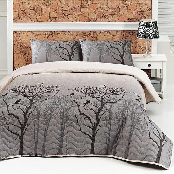 Sada prešívanej prikrývky na posteľ a obliečky na vankúš Bird Grey, 160x220 cm