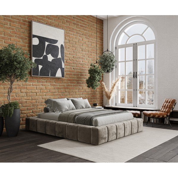 Béžová čalúnená dvojlôžková posteľ s úložným priestorom s roštom 160x200 cm Aruba L – Maison de Rêve-image-1