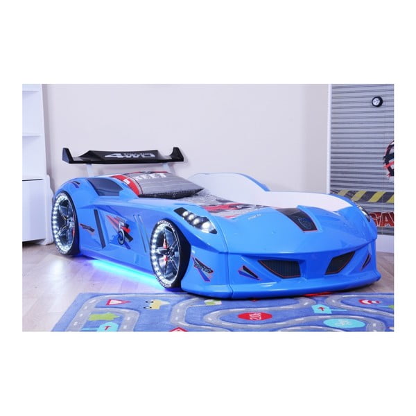 Modrá detská posteľ v tvare auta s LED svetlami Speedy, 90 × 190 cm