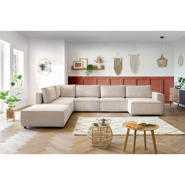 Krémovobiela menčestrová rohová pohovka (ľavý roh/do tvaru "U") Nihad modular – Bobochic Paris-image-1