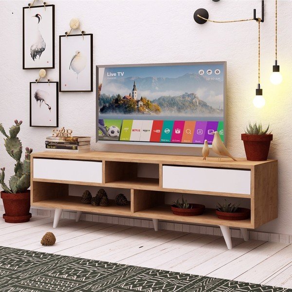 Biely TV stolík s detailmi v dekore dubového dreva Garetto Glasgow-image-3
