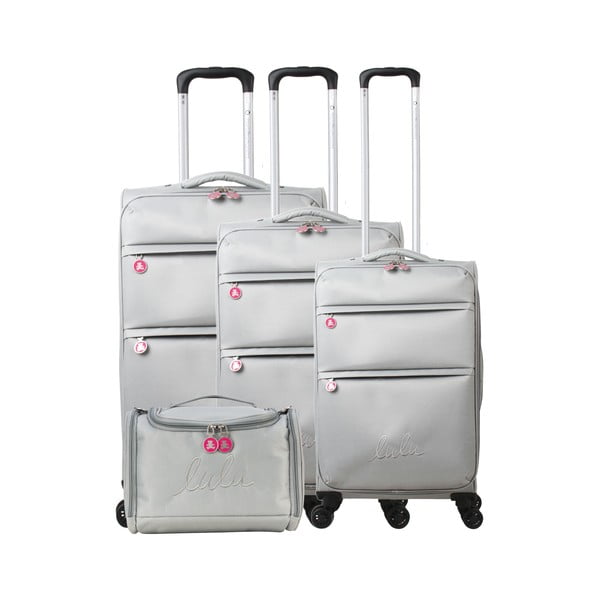 Set 3 sivých kufrov na 4 kolieskach a kozmetického kufríka Lulucastagnette Bella