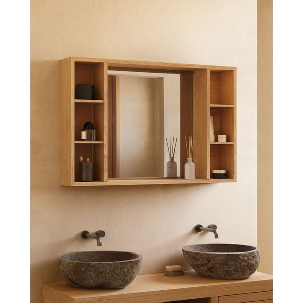 Závesná kúpeľňová skrinka so zrkadlom z teakového dreva v prírodnej farbe 100x65 cm Parana – Kave Home-image-3